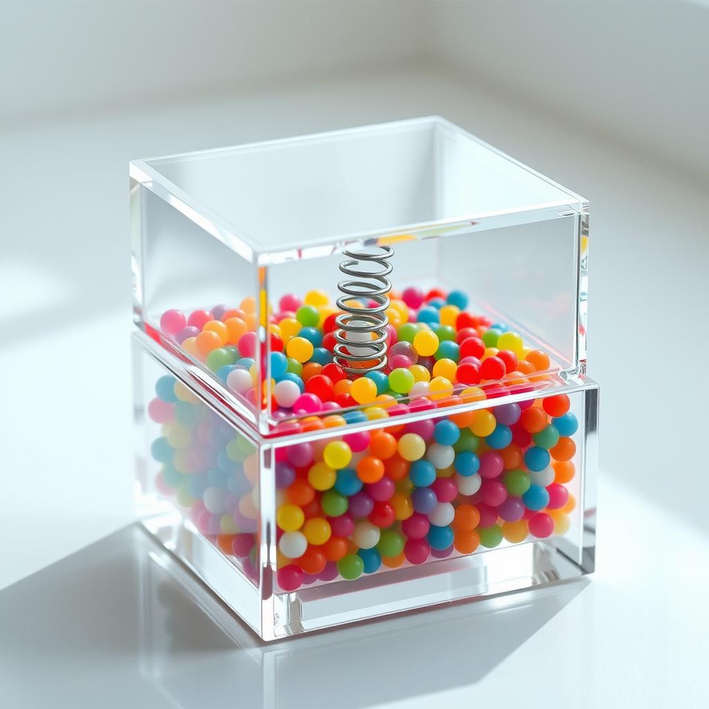 A beautifully designed two-tier glass box, the upper tier filled with small colorful beads, with a spring running between the two tiers, showcasing a whimsical and artistic arrangement