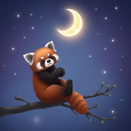 A cute red panda sitting playfully on a branch amidst a serene night sky, illuminated by a luminous crescent moon