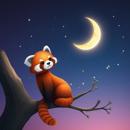 A cute red panda sitting playfully on a branch amidst a serene night sky, illuminated by a luminous crescent moon