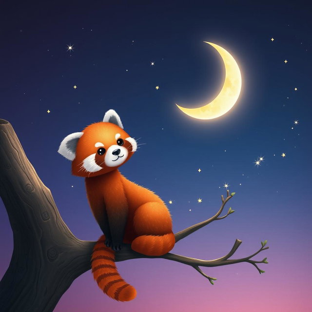 A cute red panda sitting playfully on a branch amidst a serene night sky, illuminated by a luminous crescent moon