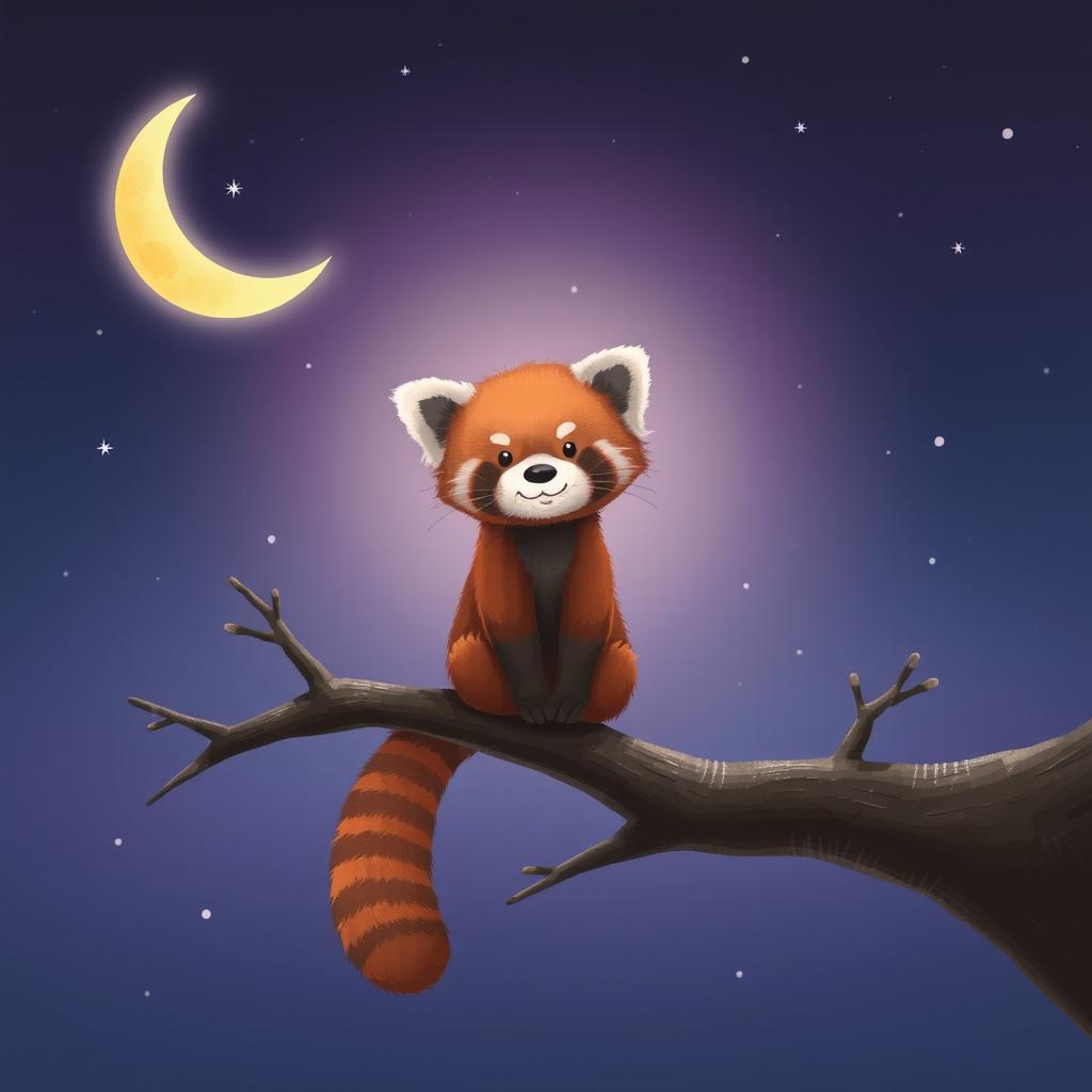 A cute red panda sitting playfully on a branch amidst a serene night sky, illuminated by a luminous crescent moon