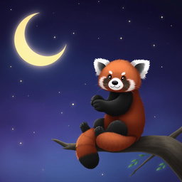 A cute red panda sitting playfully on a branch amidst a serene night sky, illuminated by a luminous crescent moon