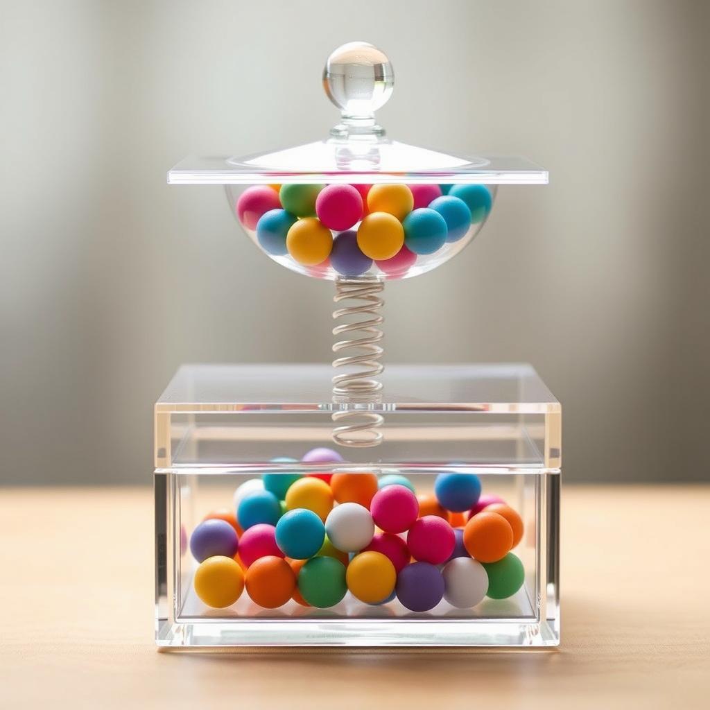 A two-tier glass box, elegantly designed, featuring a top compartment filled with small colorful spheres