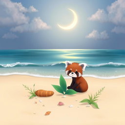 A whimsical scene featuring a cute red panda sitting peacefully on a sandy beach, with a beautiful crescent moon glowing softly in the sky above