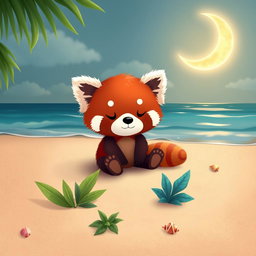 A whimsical scene featuring a cute red panda sitting peacefully on a sandy beach, with a beautiful crescent moon glowing softly in the sky above