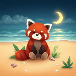 A whimsical scene featuring a cute red panda sitting peacefully on a sandy beach, with a beautiful crescent moon glowing softly in the sky above