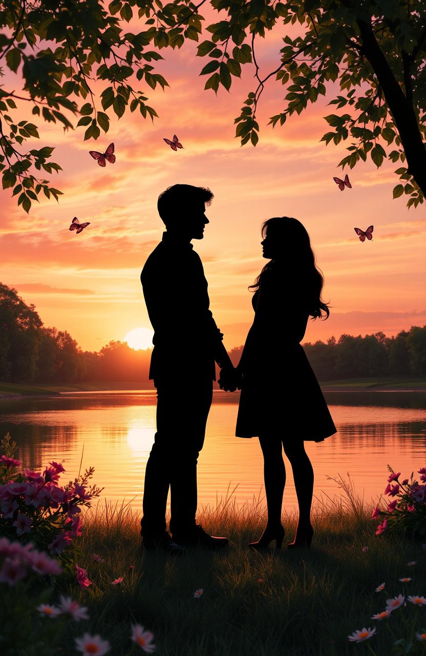 A romantic and poetic depiction of a love story left incomplete, showcasing two silhouettes against a beautiful sunset backdrop