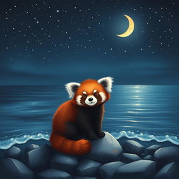 A cute red panda sitting on a rocky shore near the sea at night, illuminated by the soft light of a crescent moon in the background