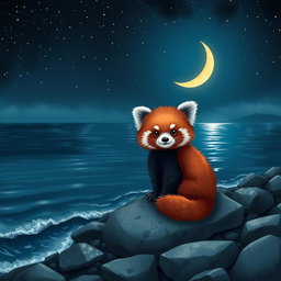 A cute red panda sitting on a rocky shore near the sea at night, illuminated by the soft light of a crescent moon in the background
