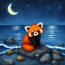 A cute red panda sitting on a rocky shore near the sea at night, illuminated by the soft light of a crescent moon in the background