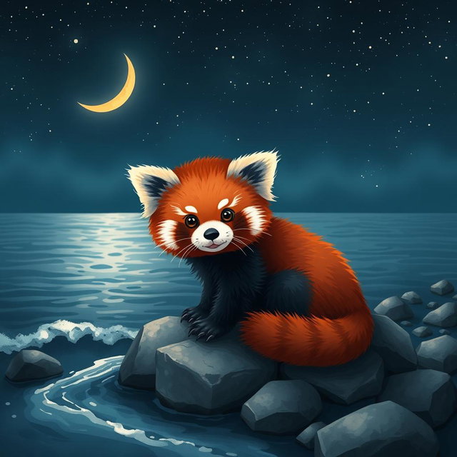 A cute red panda sitting on a rocky shore near the sea at night, illuminated by the soft light of a crescent moon in the background