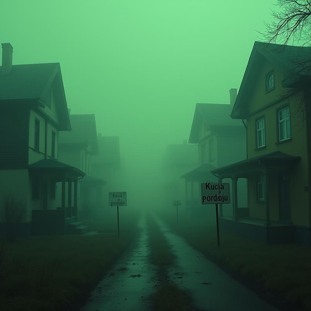 A mysterious neighborhood scene featuring several empty houses surrounded by a dense green fog, creating an eerie yet captivating atmosphere