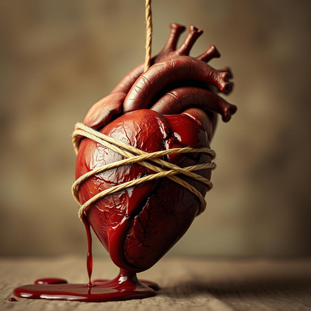 An artistic representation of a human heart, wrapped tightly with a delicate string or ribbon, adding a sense of tension and emotion to the scene