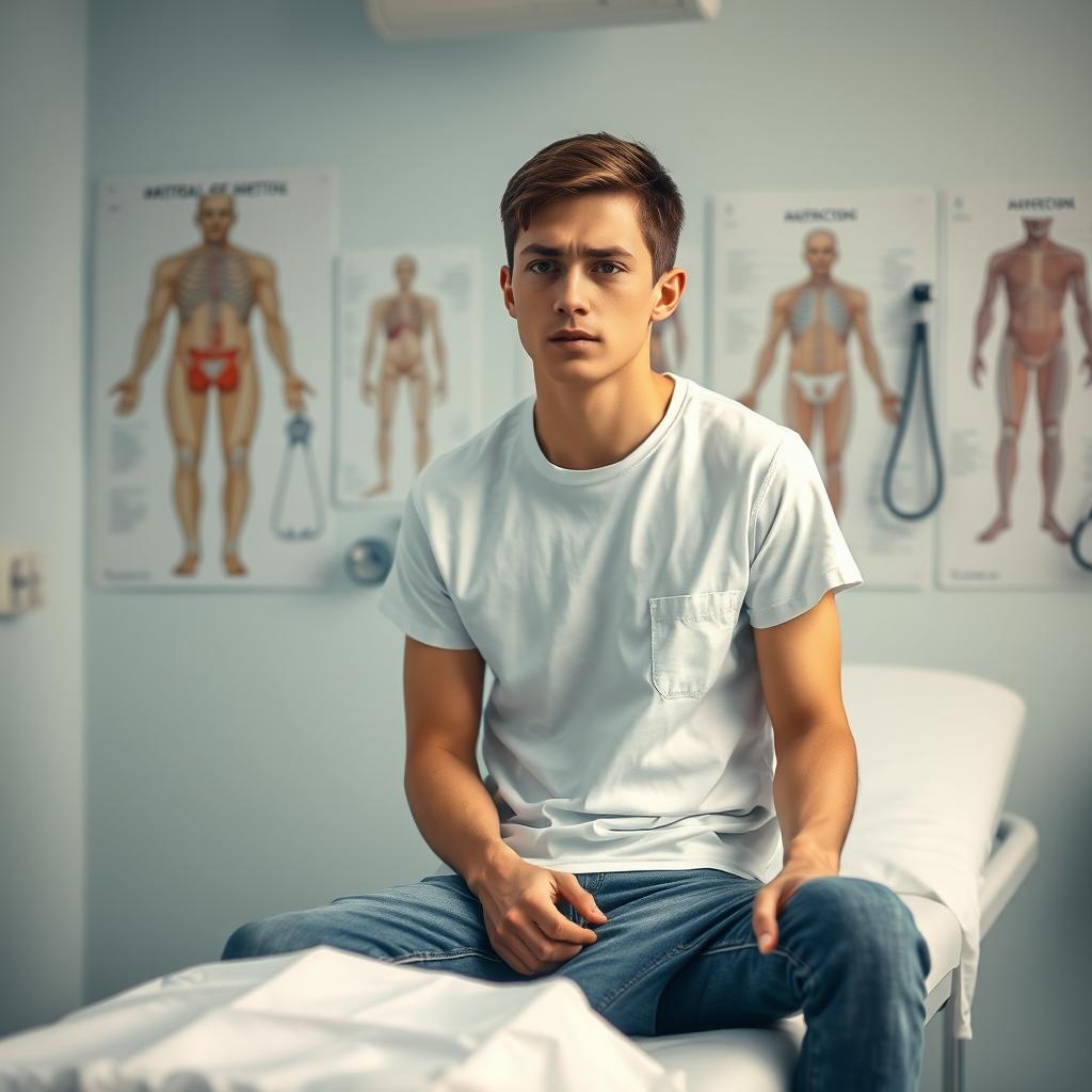 A young male sitting on a medical examination table in a doctor's office, looking slightly uncomfortable and pensive
