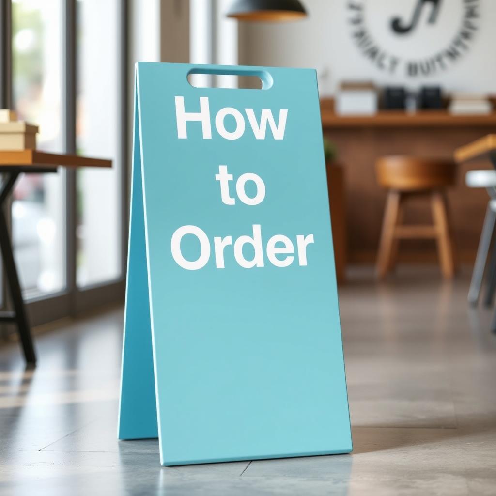 A pastel blue floor standing hazard sign featuring the words 'How to Order' in bold white lettering
