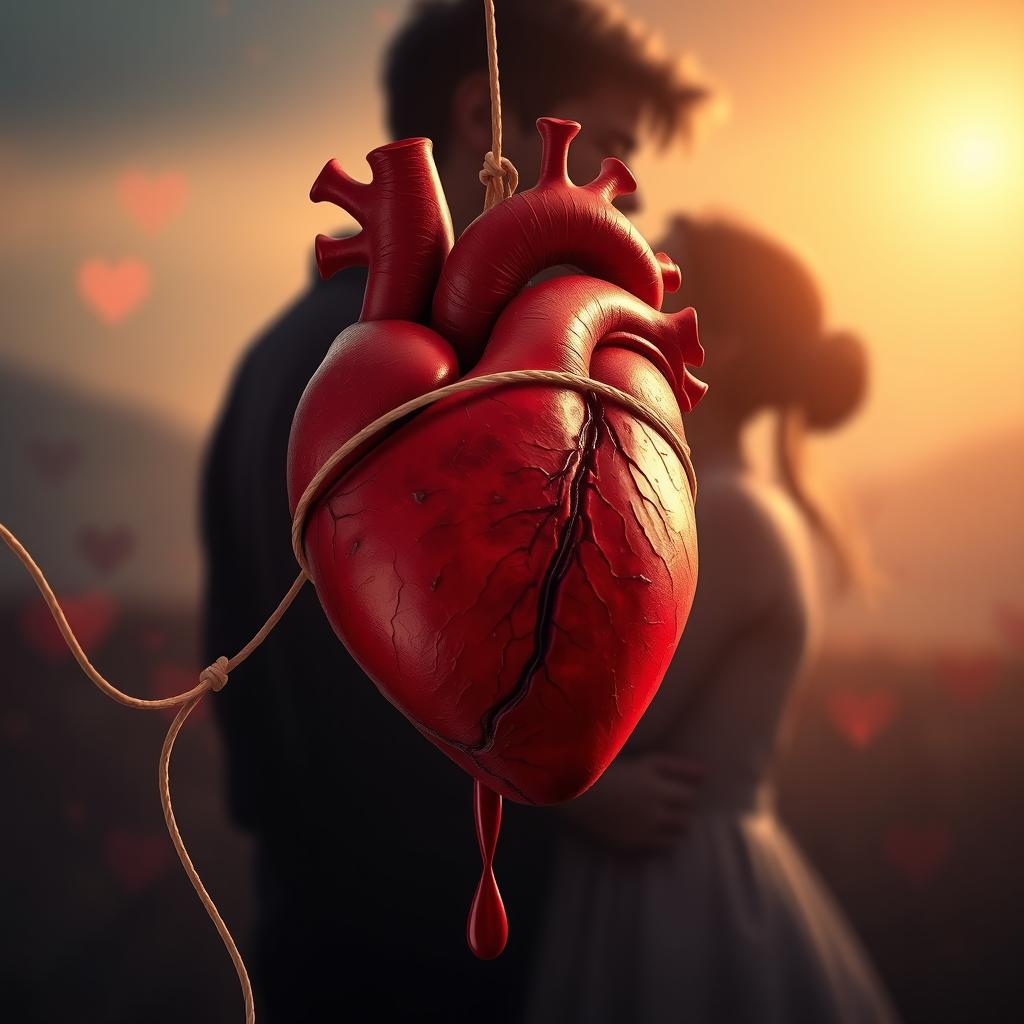 An animated scene featuring a heart wrapped with a delicate string, pulsating gently