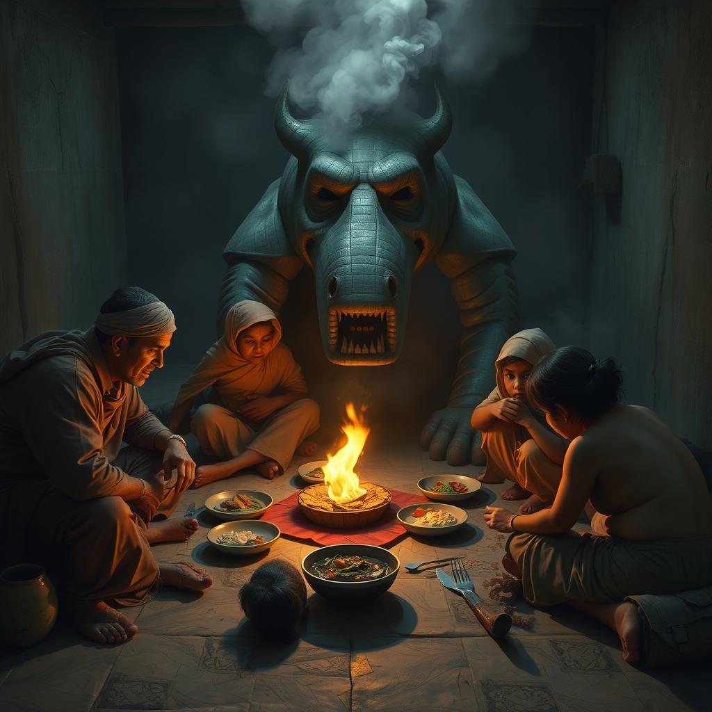 A depiction of a struggling family gathered around a floor to eat their meal