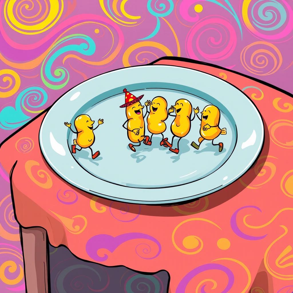 A vibrant and whimsical illustration of macaroni shapes dancing joyfully on a large plate