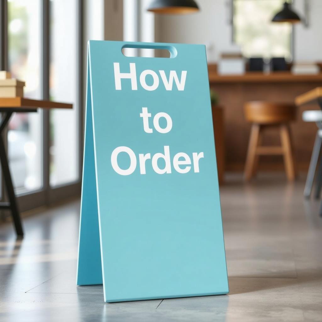 A pastel blue floor standing hazard sign featuring the words 'How to Order' in bold white lettering