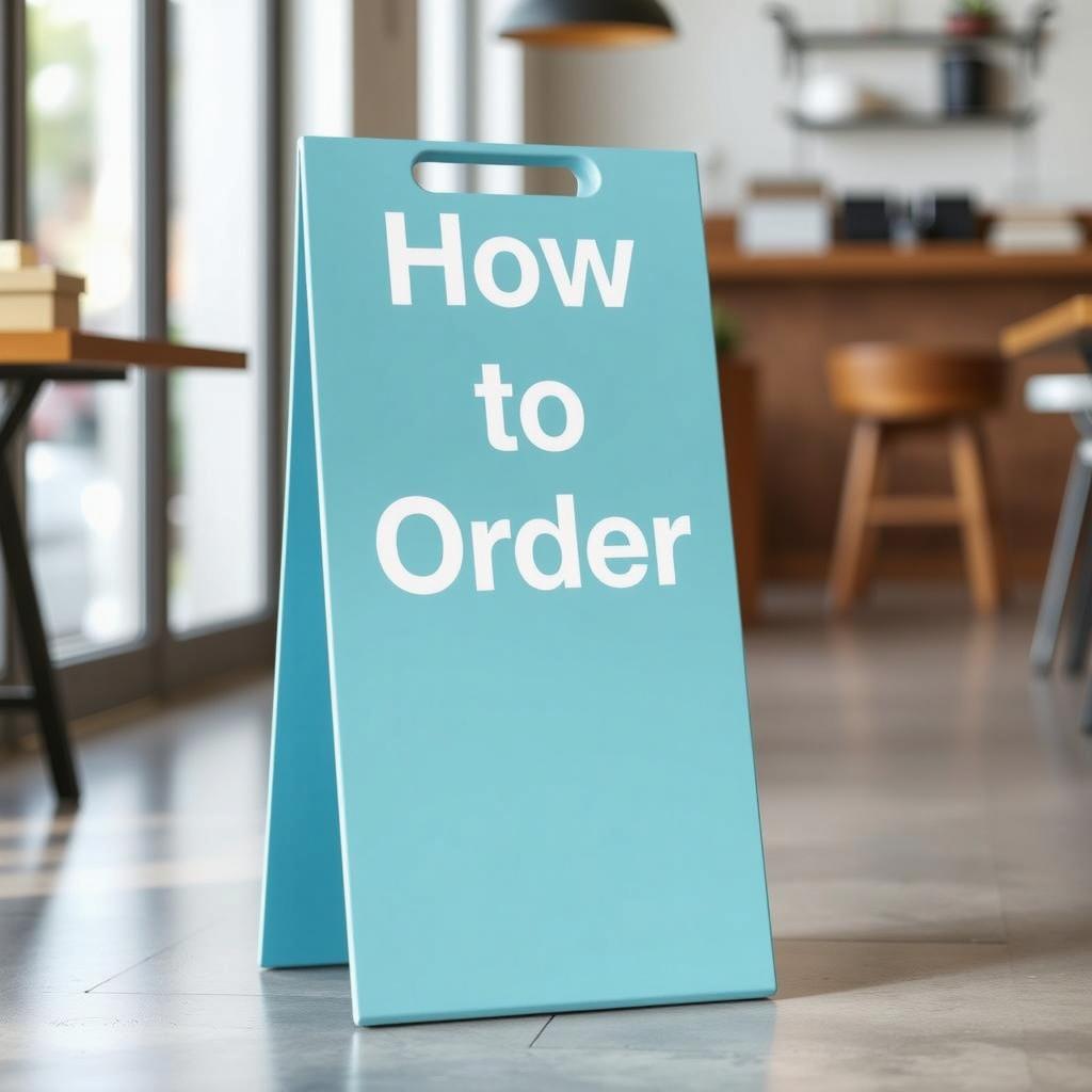 A pastel blue floor standing hazard sign with the words 'How to Order' prominently displayed in bold white lettering