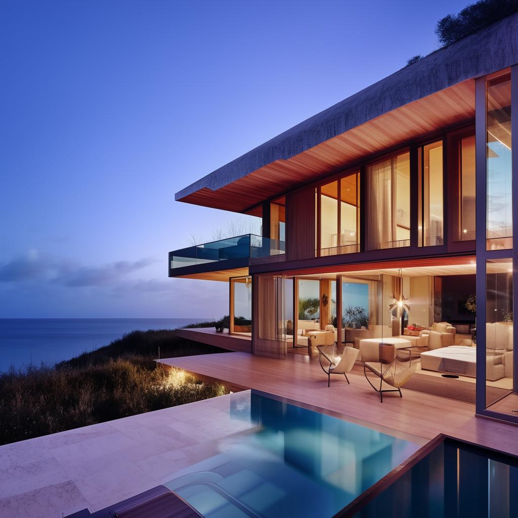 Design a two-story coastal villa with an infinity pool.