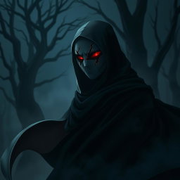 A mysterious figure wearing a broken Obito mask from Naruto, standing in a dark, misty forest
