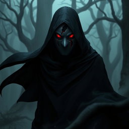 A mysterious figure wearing a broken Obito mask from Naruto, standing in a dark, misty forest