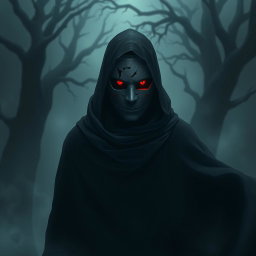 A mysterious figure wearing a broken Obito mask from Naruto, standing in a dark, misty forest