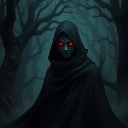 A mysterious figure wearing a broken Obito mask from Naruto, standing in a dark, misty forest