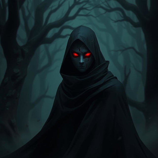 A mysterious figure wearing a broken Obito mask from Naruto, standing in a dark, misty forest