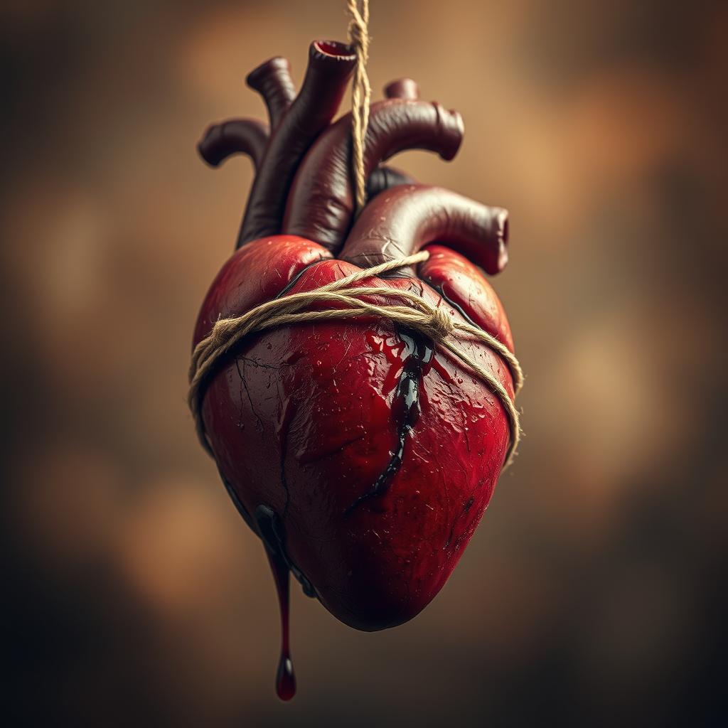 A poignant artistic depiction titled 'Heartstrings of a Love Unfinished', showcasing a human heart intricately wrapped with a delicate, frayed string, symbolizing emotional connection and struggle