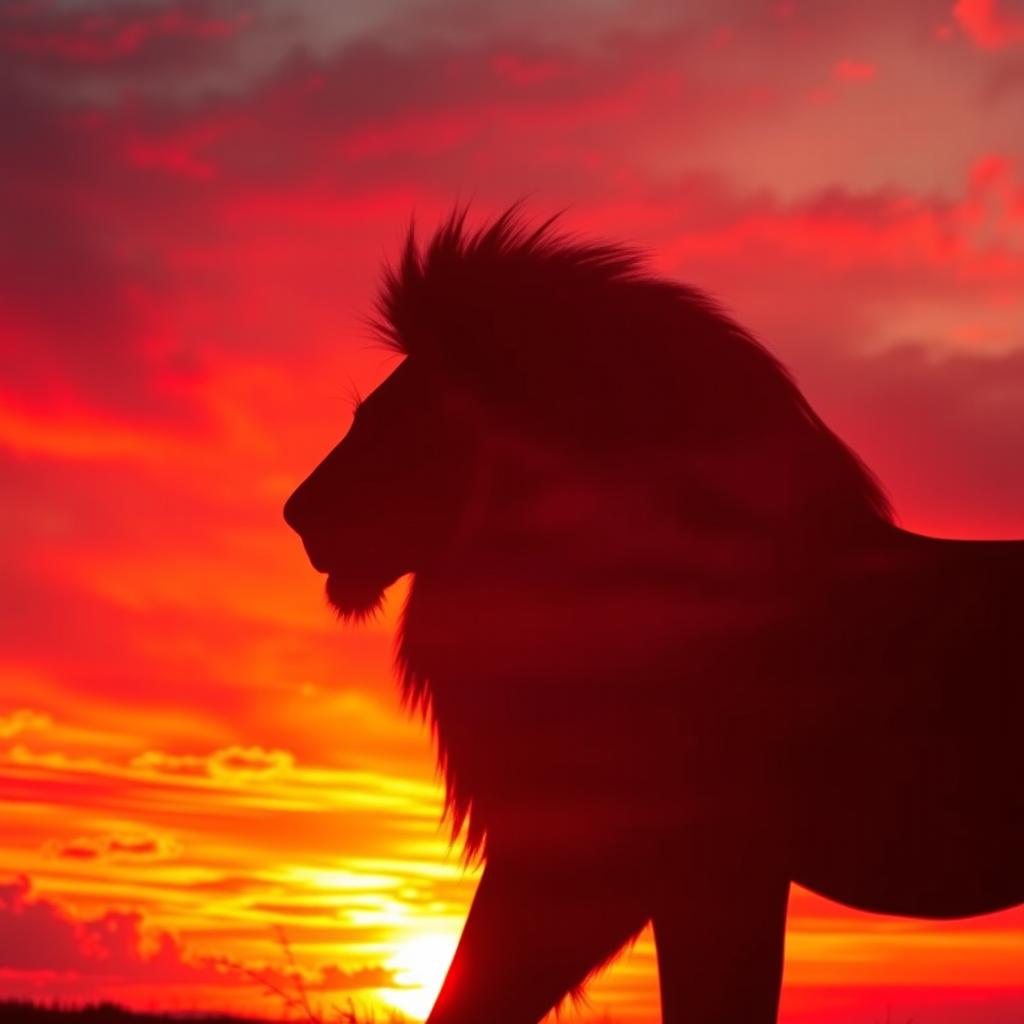 A magnificent lion's shadow cast dramatically against a fiery red sky at sunset