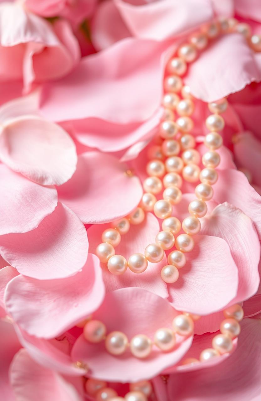 A luxurious and elegant scene featuring soft petals and shimmering pearls