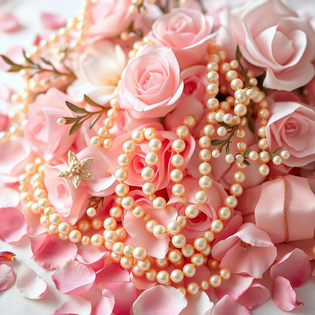 An elegant arrangement featuring soft pink and shimmering gold elements, beautifully intertwined with delicate pearls and scattered flower petals