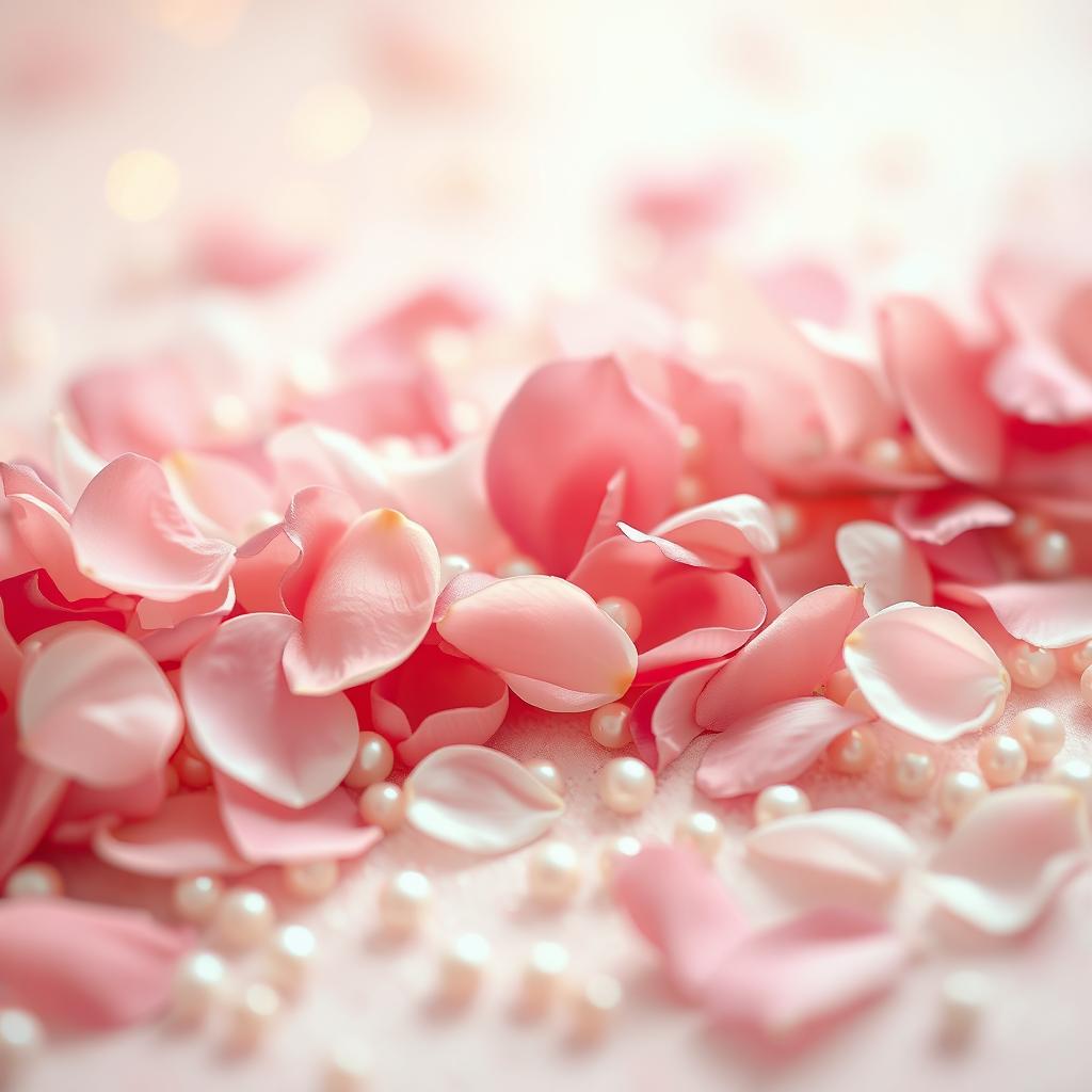 An enchanting scene featuring a soft, dreamy background in shades of pink and gold, with delicate flower petals gently falling