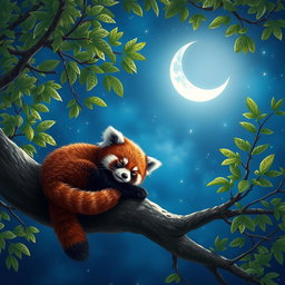 A serene scene featuring a sleeping red panda nestled comfortably on a tree branch