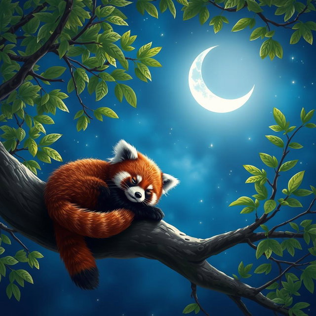 A serene scene featuring a sleeping red panda nestled comfortably on a tree branch