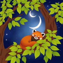 A serene scene featuring a sleeping red panda nestled comfortably on a tree branch