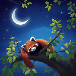 A serene scene featuring a sleeping red panda nestled comfortably on a tree branch