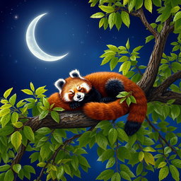 A serene scene featuring a sleeping red panda nestled comfortably on a tree branch