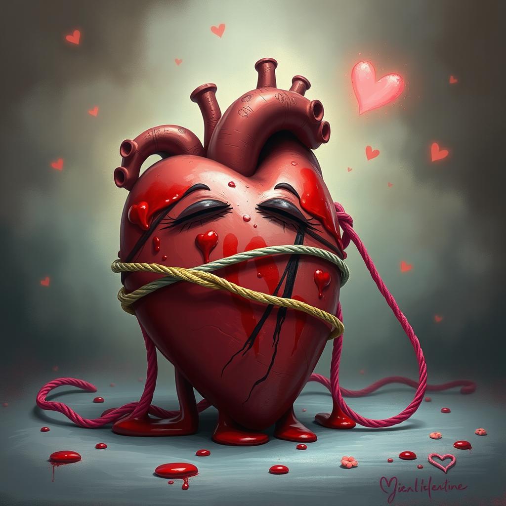 A stylized, non-realistic artistic representation titled 'Heartstrings of a Love Unfinished', portraying a heart whimsically wrapped with a vibrant, colorful string that symbolizes emotional ties