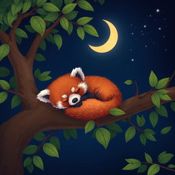 A cute sleeping red panda nestled comfortably on a branch of a tree, surrounded by lush green leaves