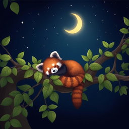 A cute sleeping red panda nestled comfortably on a branch of a tree, surrounded by lush green leaves