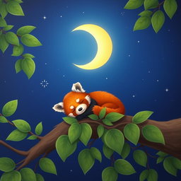 A cute sleeping red panda nestled comfortably on a branch of a tree, surrounded by lush green leaves