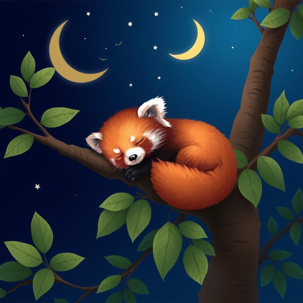 A cute sleeping red panda nestled comfortably on a branch of a tree, surrounded by lush green leaves