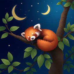 A cute sleeping red panda nestled comfortably on a branch of a tree, surrounded by lush green leaves