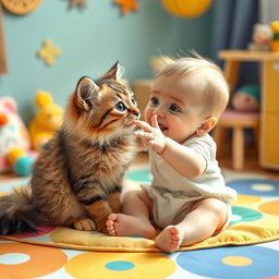 A whimsical and heartwarming scene depicting a small baby sitting on a colorful play mat, reaching out playfully to a fluffy, affectionate cat