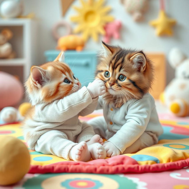 A whimsical and heartwarming scene depicting a small baby sitting on a colorful play mat, reaching out playfully to a fluffy, affectionate cat