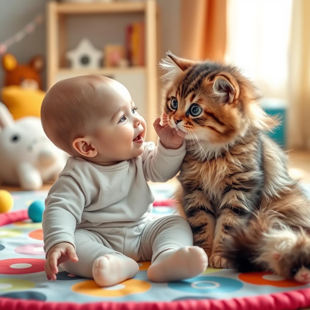 A whimsical and heartwarming scene depicting a small baby sitting on a colorful play mat, reaching out playfully to a fluffy, affectionate cat