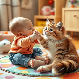 A whimsical and heartwarming scene depicting a small baby sitting on a colorful play mat, reaching out playfully to a fluffy, affectionate cat